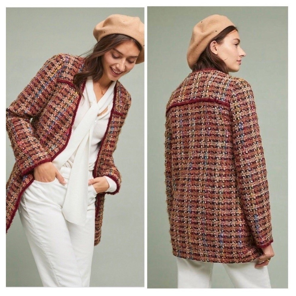 Anthropologie Ett:twa Small $178 Harlequin Tweed Fringe Trim Wool Blend Coat - Picture 4 of 15